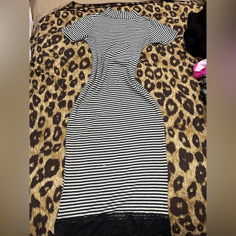 Pinstriped Turtleneck Bodycon Midi Dress with black lace trim